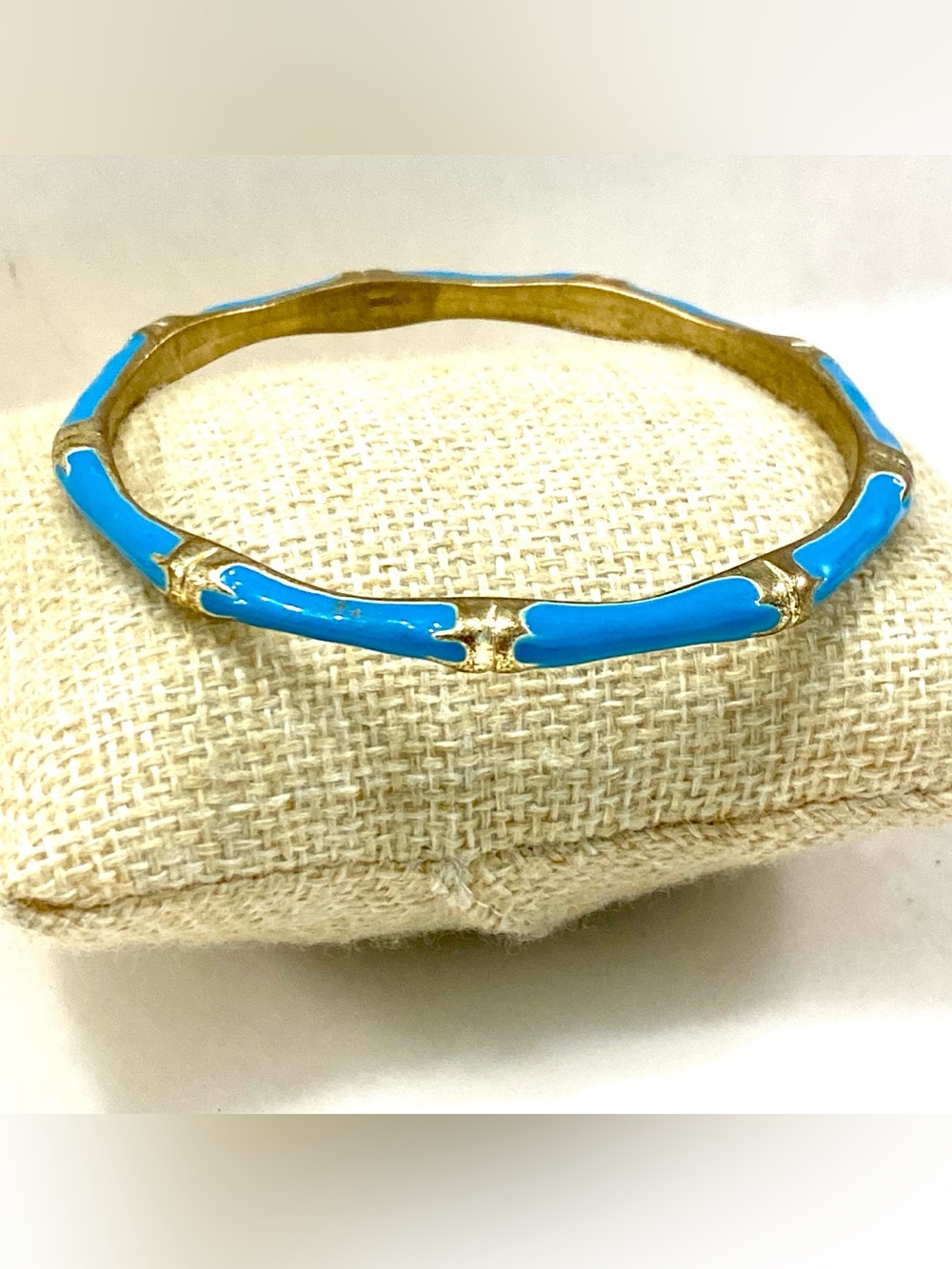 Turquoise Blue Enamel Bamboo Style Gold Tone Stacking Bangle Bracelet
